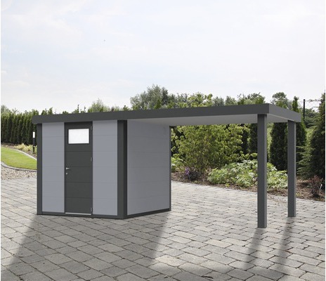 Gartenhaus Classico 2424 inkl. Regenrinne mit Seitendach rechts 542 x 259 cm lichtgrau