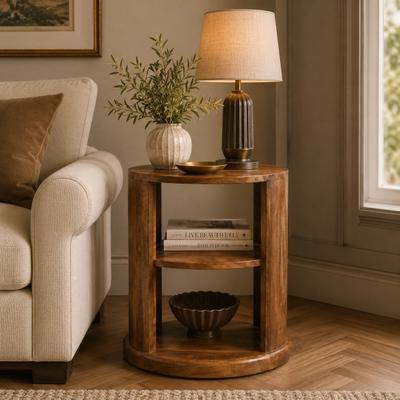 Artisan Furniture Solid Wood Ventura Open Round Side Table, 2 Shelves, Brown - N/A