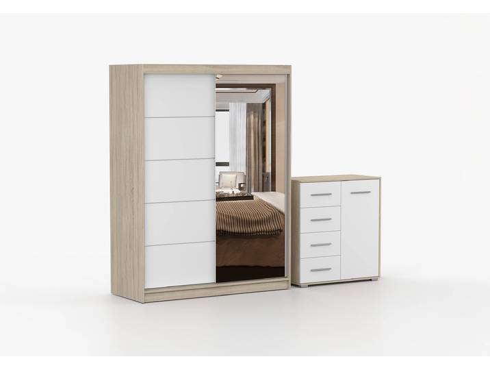 Schwebetürenschrank und Kommode 2-er Set VISTA 05/FRIDA MINI 01 Sonoma Eiche Weiß + Spiegel Ohne LED-Beleuchtung