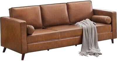 YUN "81"" Leather Sofa, Mid-Century 3-Seater PU Couch with Deep Seat & Removable Upholstered Cushions, Brown"