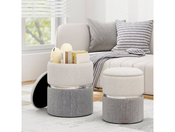 COSTWAY Lot de 2 Tabourets de Rangement en Tissu Lin de Style Moderne Surface Rembourré Souple Gris