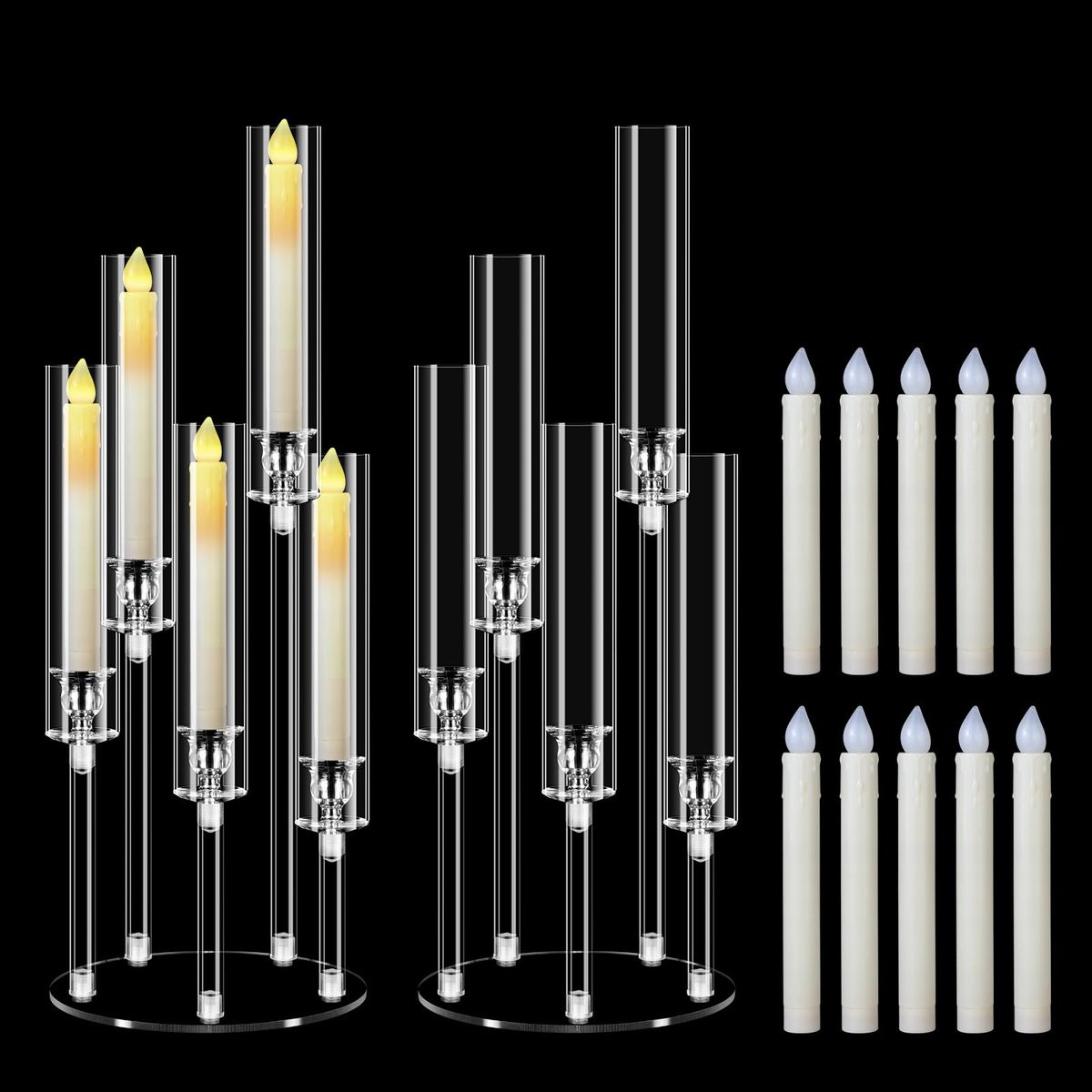 Omgoods Set van 2 Acrylic Kandelaars met LED Kaarsen - 5-Armige Kaarsenstandaards, Hoogte: 58 cm