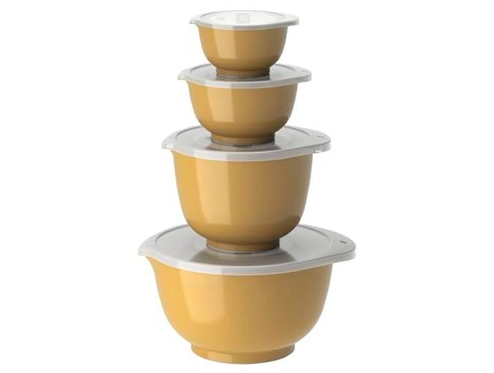 Rosti Margrethe Schüssel Set, Rührschüssel Set, 8-Teilig mit 4 Rührschüsseln und 4 Deckel, Teigschüssel aus Recycelbarem Kunststoff, 0,25 Liter, 0,5 Liter, 1,5 Liter und 3 Liter, Curry