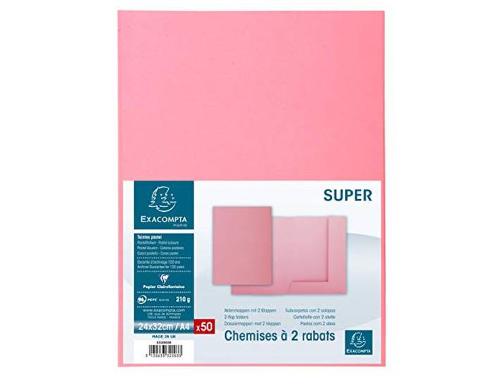 Exacompta 50 Chemises Rigides 2 rabats Super pour documents format A4 Rose