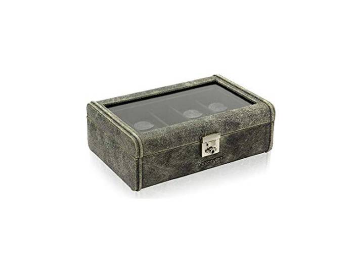 Friedrich 23, Uhrenkoffer, Für 8 Uhren, Echtleder, Vintage-Optik, 29 x 19 x 9,5 cm, Abschließbar, Glasdeckel, Cubano, Grau, 27022-8