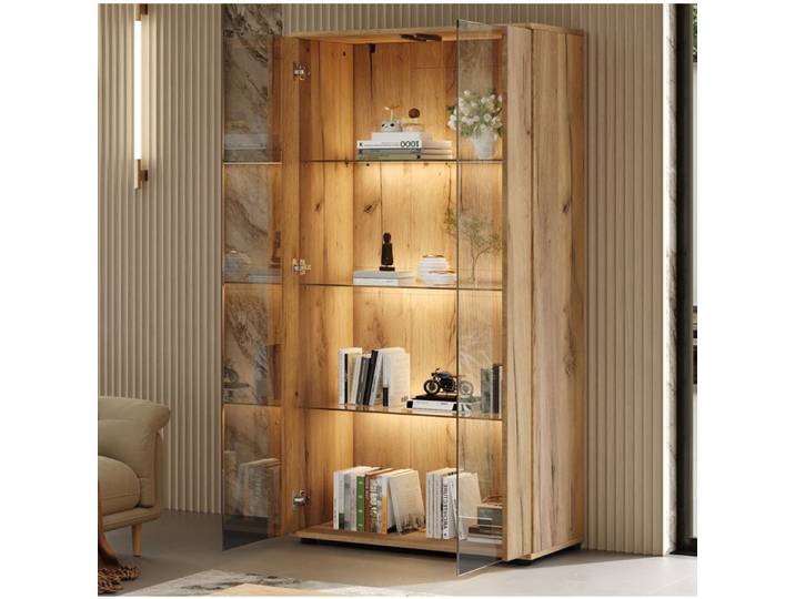VUENOR Vitrine 2 portes en verre LED réglable 80 x 36 x 150 cm naturel