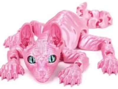 Inspired Living 3D Printed Sphynx Cat Articulated Figurine Realistic Hairless Cat Fidget & Desk Decor pink