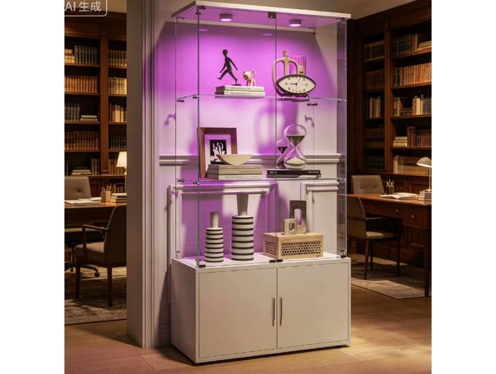 Vitrine moderne à 4 niveaux, 2 portes verrouillables, éclairage LED, vitrine en verre et bois pour collectionneur