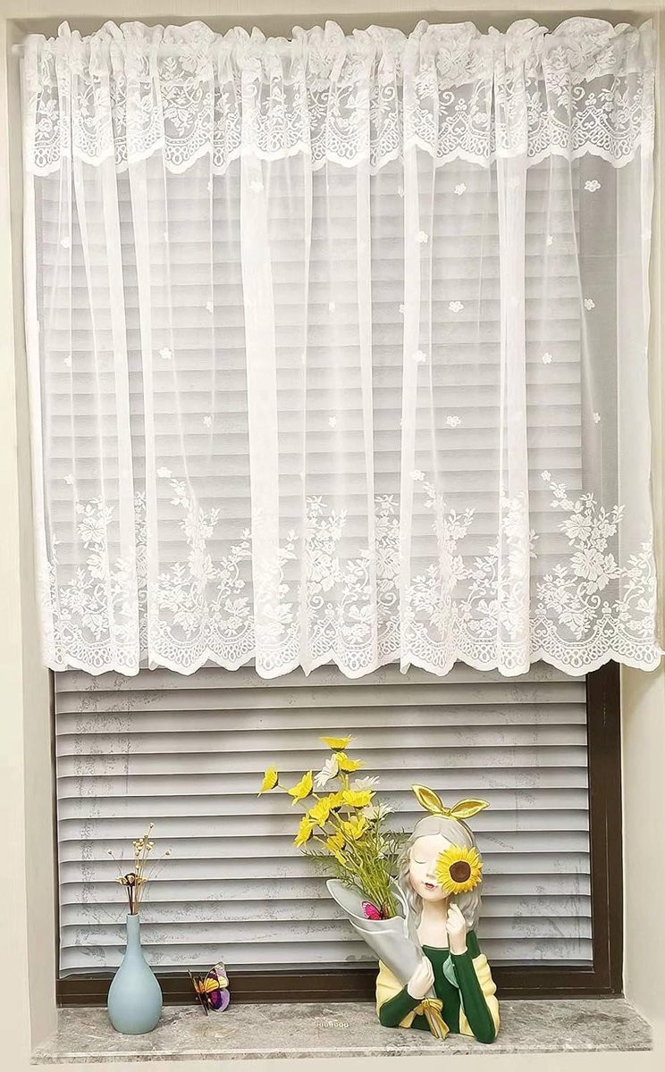 Wit Netgordijn Jacquard - Kort Keukengordijn voor Privacy - Met Stokdoorvoer - 150 x 60 cm