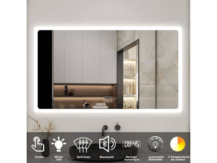 Miroir salle de bain LED - AICA - 100x60cm - Tactile - Horloge - Bluetooth - Anti-buée