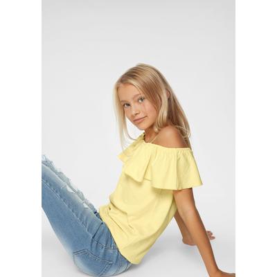 T-Shirt KIDSWORLD "Volant-Shirt", Mädchen, Gr. 152/158, gelb, Single Jersey, Obermaterial: 100% Baumwolle, unifarben, weit taillenbedeckt, Carmenausschnitt, Volant, Shirts T-Shirt, Kurzarm, weite Passform, Carmenausschnitt, aus Jerseystoff