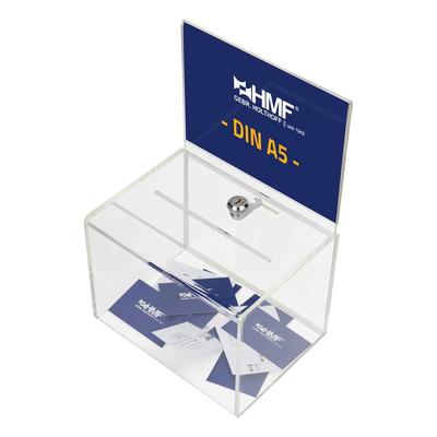 HMF 46913 Acryl Spendenbox abschließbar, 21,5 x 16 x 16 cm, DIN A5 Blatteinschub, Transparent