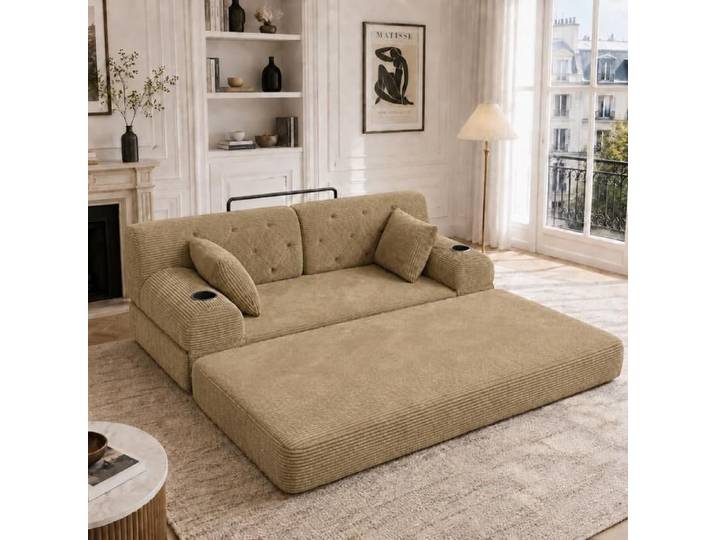 sofa bed- Zukavenir- high backrest metal frame 2 cup holders 4 side pockets convertible bed- L168xP80xH81cm