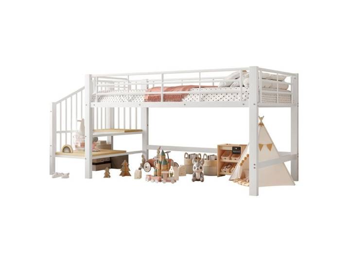 Lit mezzanine mi-hauteur 90x200 cm avec escalier de rangement cadre métal blanc