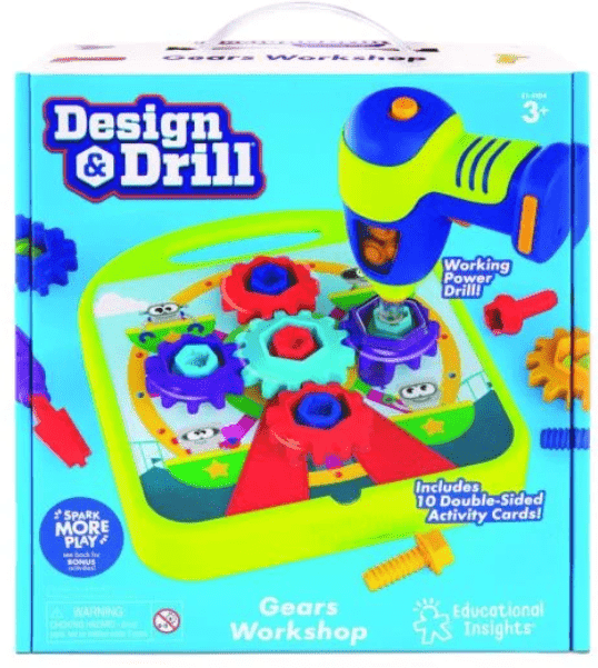 Learning Resources Design ; Drill Gears Workshop for Kids, 56-Piece STEM Set with Power Drill and Gears