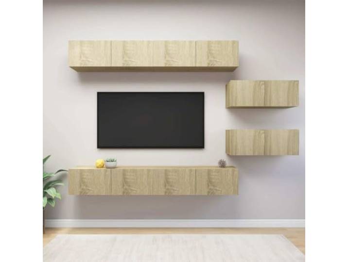 HEFZGDB 6-TLG. TV-Schrank-Set Sonoma-Eiche Holzwerkstoff Modernes Design mit großem Stauraum Wandmontage Wohnzimmermöbel HiFi-Schrank-Set Robust Langlebig Mehrere Fächer Aufbewahrung