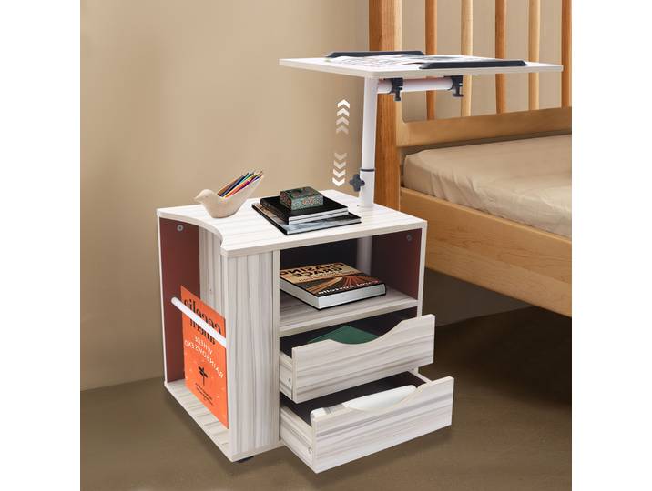Table élévatrice amovible pour bureau d'ordinateur portable, bureau de rangement de chevet avec 2 tiroirs, table élévatrice multifonctionnelle pour la maison