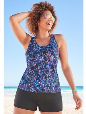 Plus Size Women's Chlorine Resistant Racerback Tankini Top by Swimsuits For All in Multi Midnight Abstract (Size 22)
