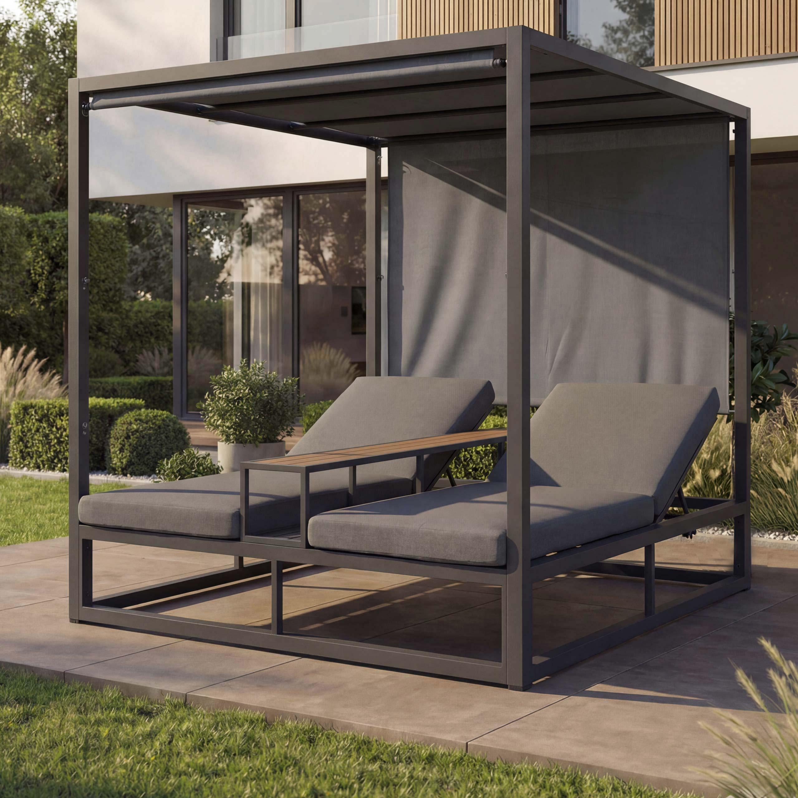 Alu Lounge-Gartenliege HWC-P81, Sonnenliege Daybed, 10cm-Polster 220g/m² 196x165x196cm dunkelgrau, Polster grau