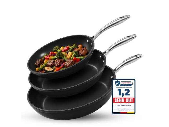 Cook&Pan Pfannenset Induktion - Keramikpfanne PFAS & Teflon frei - 3-teilig Bratpfanne mit [Greenshield] Antihaftbeschichtung - 20/24/28cm, Non Stick Pan [Spülmaschinenfest] - Schwarz