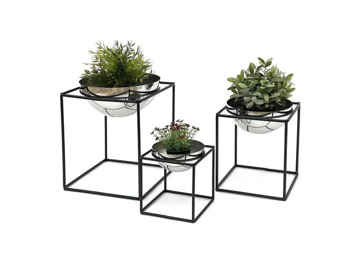 DanDiBo Blumenhocker mit Topf 3er Set Metall Schwarz Silber 96256, 25x35x25 cm, Wohnzimmer, Wohnzimmertische, Blumenständer