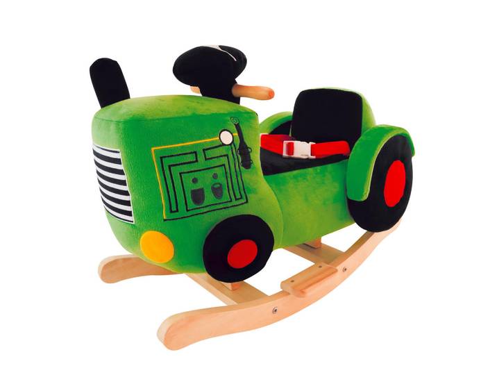 P & B Schaukeltier Traktor, Grün, Schwarz, Holz, 32.5x47x59 cm, unisex, Fußstützen, Haltegriffe, gepolsterte Sitzfläche, Gurtsystem, Spielzeug, Schaukeltiere