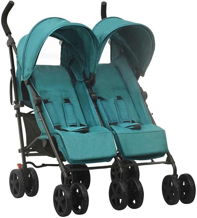 Geschwisterwagen Grün Stahl mit 12 Rädern, klappbar, mit Verdeck und Korb, 4-Fach verstellbare Rückenlehne, Einhand-Klappsystem für Outdoor, Reise, Urlaub und Spaziergänge