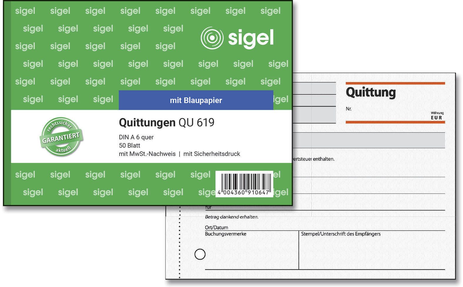 SIGEL Formularbuch Quittung, MwSt. separat ausgewiesen DIN A6 quer 1x 50 Seiten QU619