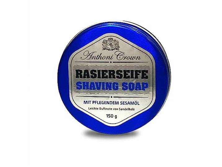 Anthoni Crown feste Rasierseife 150g, Dose reicht für etwa 5 Monate, Reisegröße, mit beruhigendem Sesamöl, fast neutrales Parfum von frischer Seife, nachhaltiges Palmöl, RSPO-Mitglied, Made in Germany