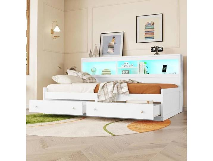 Lit 90x200 cm Lit banquette Lit de jour avec 2 tiroirs 2 prises USB et 2 prises de charge Blanc