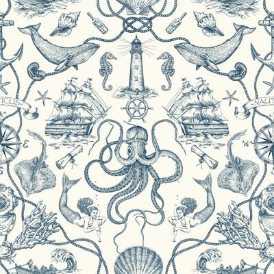 RoomMates Blue & White Deep Sea Toile Peel and Stick Wallpaper