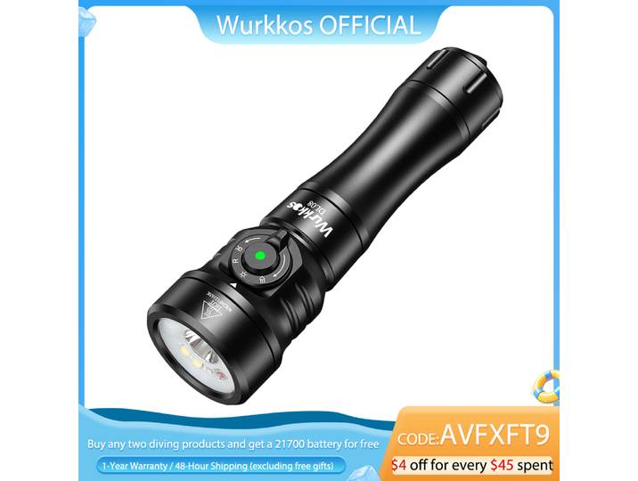 Lampe torche haute puissance Wurkkos DL08, lampe de plongée rechargeable 21700, 3600Lm avec interrupteur magnétique rotatif, projecteur sous-marin 6500K