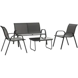 Outsunny 4-teiliges Gartenmöbel-Set mit 2 stapelbaren Sesseln und Zweisitzer, Outdoor-Sitzgruppe mit Glastisch, Mesh-Gewebe, Stahlrahmen, Schwarz