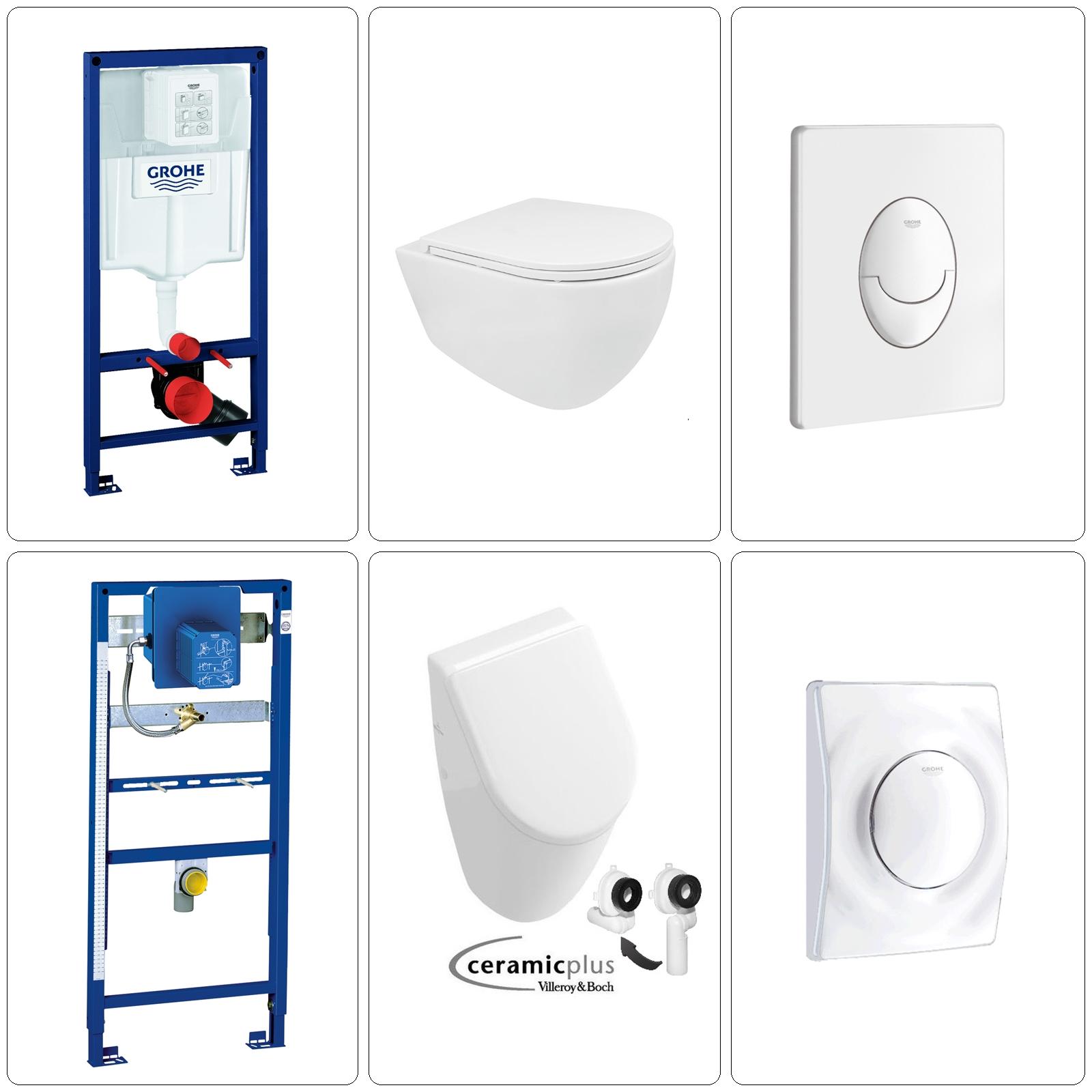 BB INFINITY Wand WC spülrandlos mit Villeroy & Boch Subway Urinal inklusive Grohe Zubehör, weiß