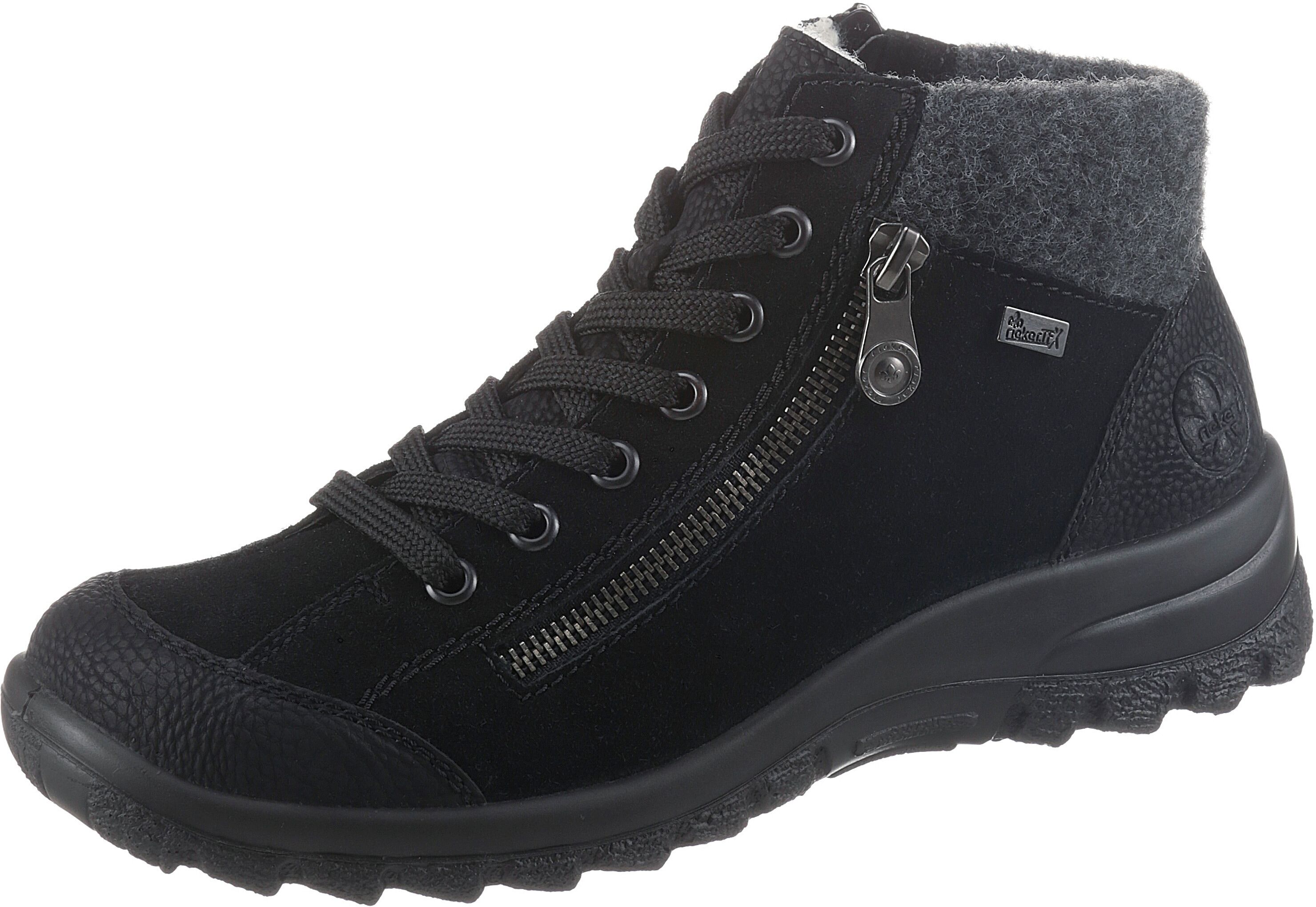 Winterboots RIEKER, Damen, Gr. 39, Warmfutter, schwarz, Filz, Nubuklederimitat, Veloursleder, kontrastfarbene Details, Schuhe Winterboots, Outdoorboots, Winterstiefelette mit Filz-Schaftabschluss, Rieker TEX schwarz 39, Warmfutter