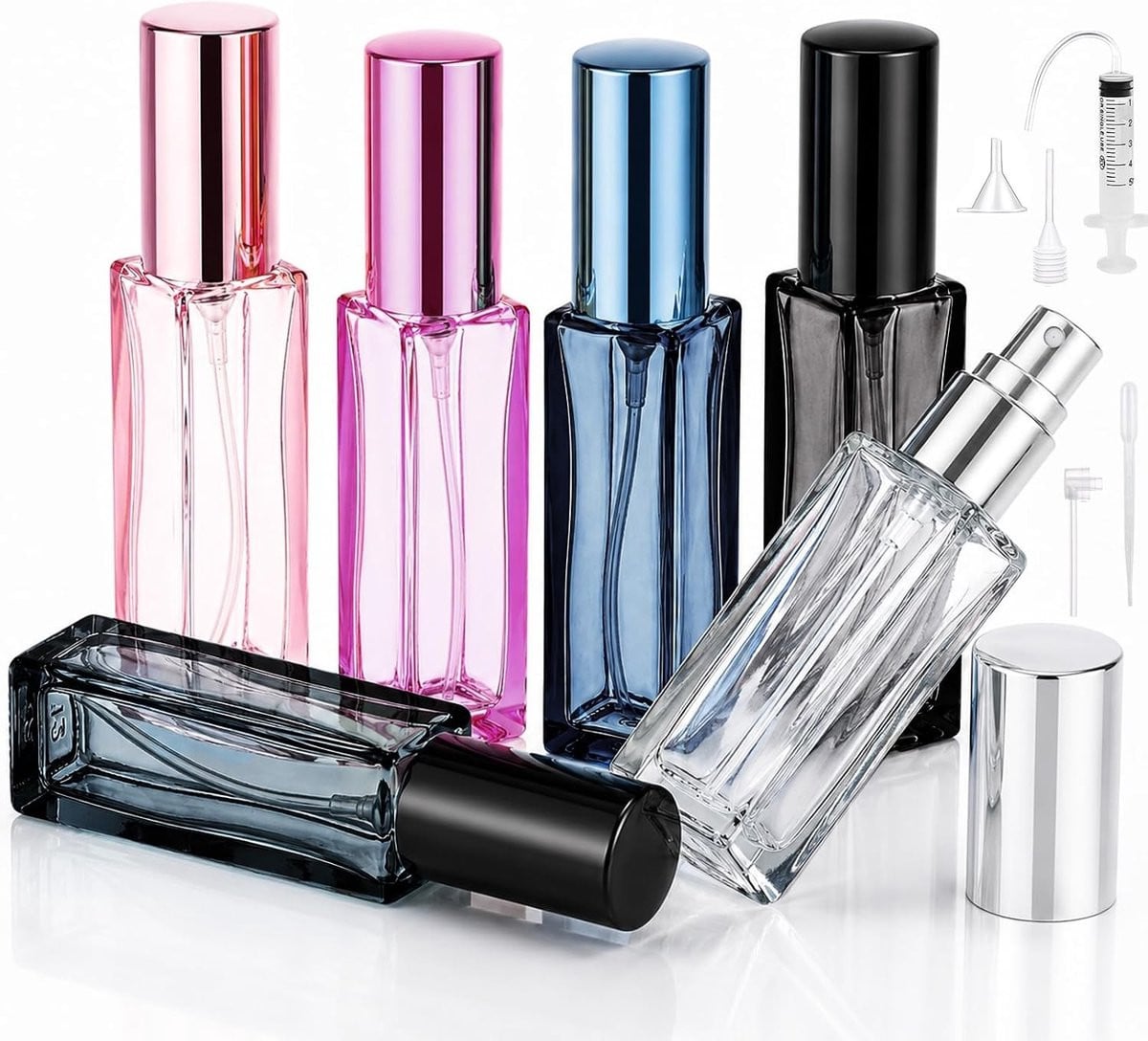 Set van 6 navulbare glazen parfumatomisers van 5ml met 5 distributieaccessoires voor reizen