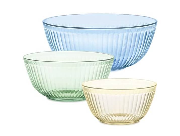 Pyrex Geformte, getönte Glas-Rührschüsseln ohne Deckel, klein, mittel, groß, platzsparendes Set von Schüsseln zum Zubereiten und Backen, 1,3 l, 2,3 l und 4,5 qt, 3-teilig