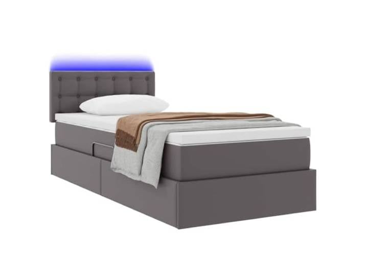 KTHLBRH Boxspringbett Grau 90 x 190 cm mit Matratze und LED Hydraulisches Heben, Unterbett-Aufbewahrung, Kopfteil aus Kunstleder, RGB USB