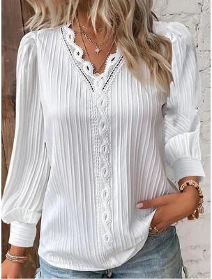 Uplifted Finds Womens Lace Stitch Pullover Chiffon V Neck Long Sleeve Blouse 3xl white