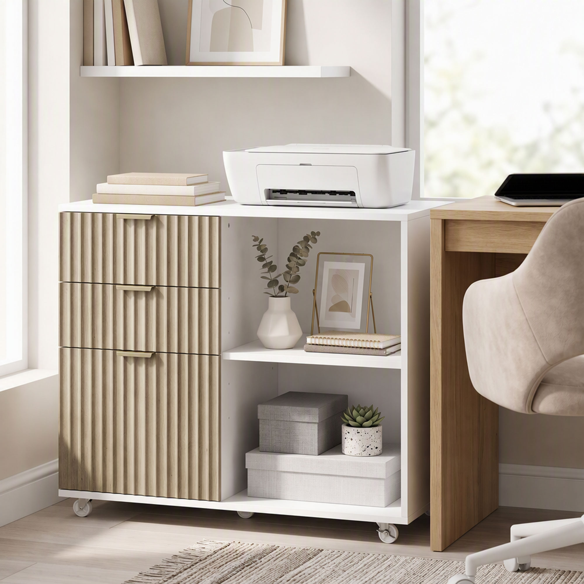 Homcom Supporto per Stampante con Ruote, 3 Cassetti e 2 Ripiani, 80x40x68 cm, Bianco Rovere   Aosom Italy