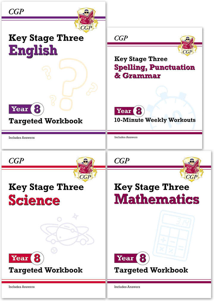 CGP Books CGP KS3 Year 8 Workbook Bundle – Ages 12-13 (Maths, English, Science, Spelling Punctuation and Grammar)