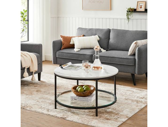 VASAGLE Table Basse, Table de Salon, Table Canapé Apéro, Façon Marbre, Support en Verre Trempé, Facile à Assembler, pour Salon, Style Moderne, Blanc