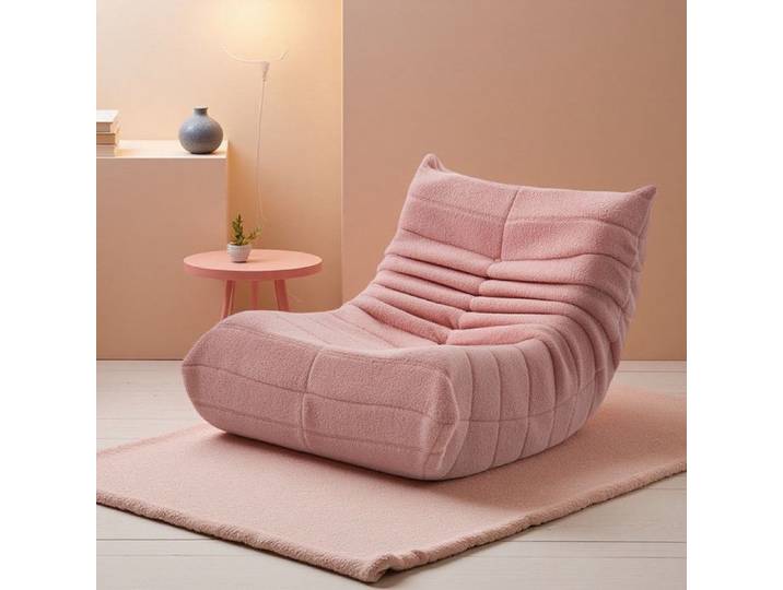 Fauteuil lounge - Lazy Chair - Fausse laine rose - Dossier oreilles de chat - Rembourrage mousse dense