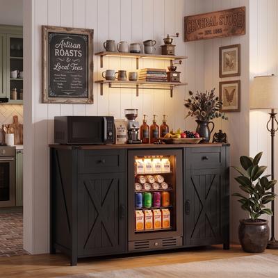 GREATPLANINC Farmhouse Coffee Bar Cabinet with Mini Fridge Storage