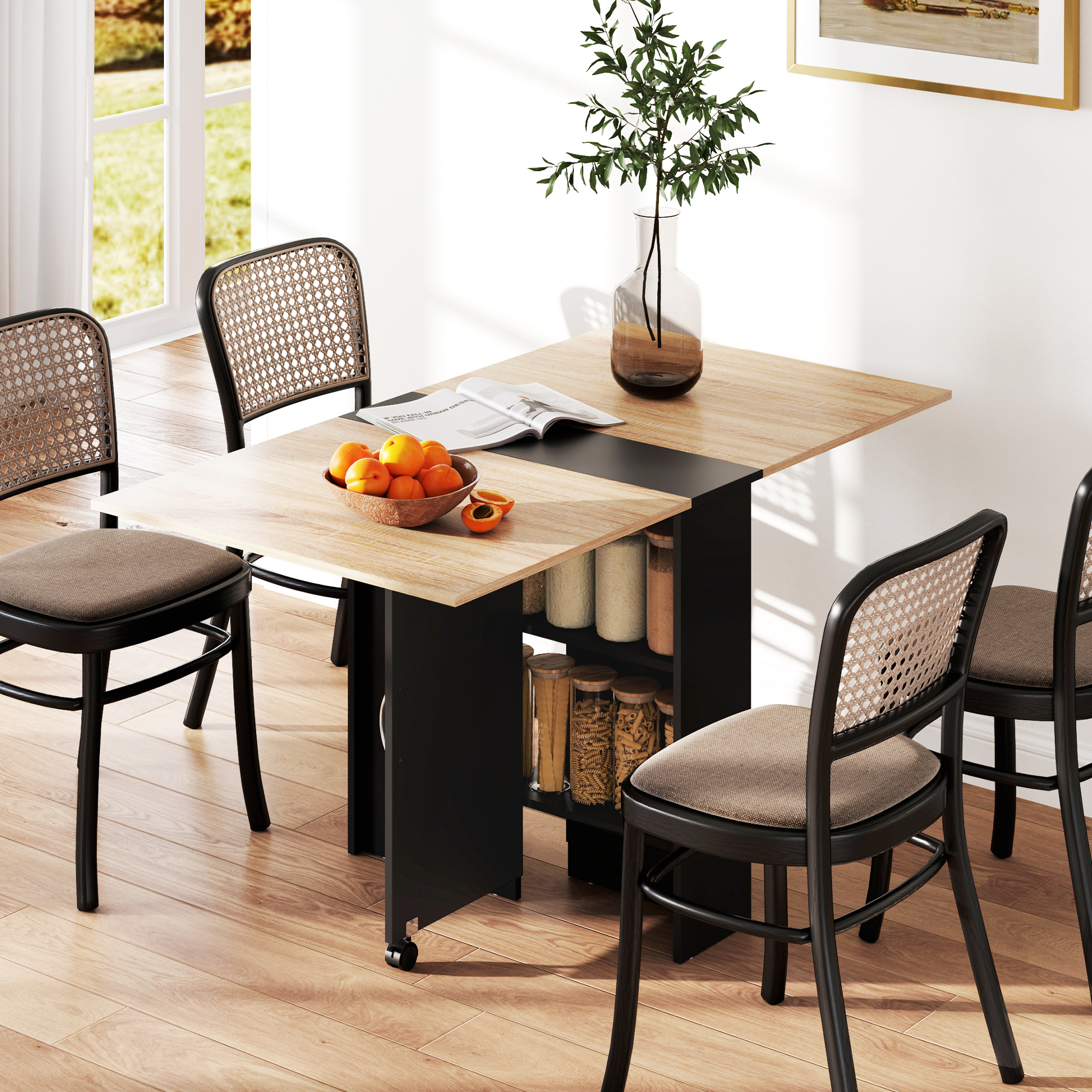 Homcom Tavolo Pieghevole Consolle per 4-6 persone con Ruote e Ripiani, 140x75x74cm, Rovere e Nero