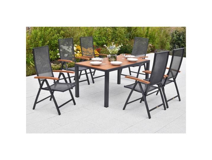 Gardenson Gartentischgruppe Thasos, Graphitfarben, Naturfarben, Metall, rechteckig, A-Form, Stühle klappbar, Rückenlehne mehrfach verstellbar, Gartenmöbel, Gartengarnituren, Gartenmöbel-Sets