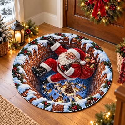 LightInthebox 3D Optical Illusion Doormat, 3D Christmas Santa Claus Bottomless Hole Round Rug, Non-Slip Washable Welcome Door Mat for Front Door Indoor Area Rugs Outdoor Holiday Entrance Decor