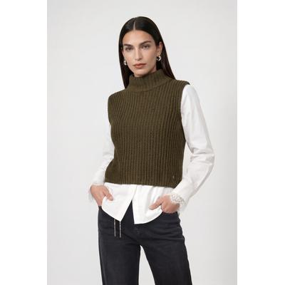 Pullunder MONARI "Pullunder Basic Chenille", Damen, Gr. 44, grün (olive), Strick, Obermaterial: 100% Polyester, unifarben, regular fit taillenbedeckt, Rundhals, Pullover Pullunder, Regular fit mit Stehkragen