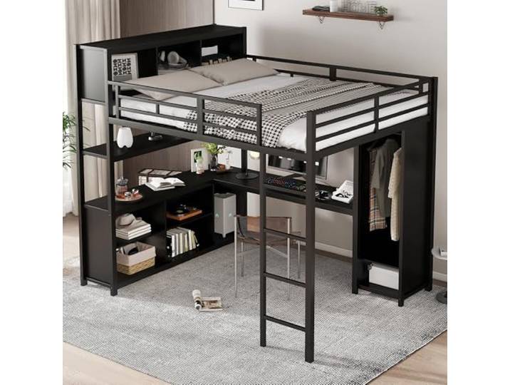 Bellemave Hochbett 140x200 cm Metall Eisenbett mit Kleiderschrank & Schreibtisch, mit Bettstauraum. Stabiles Oberbett mit doppeltem Stauraum.