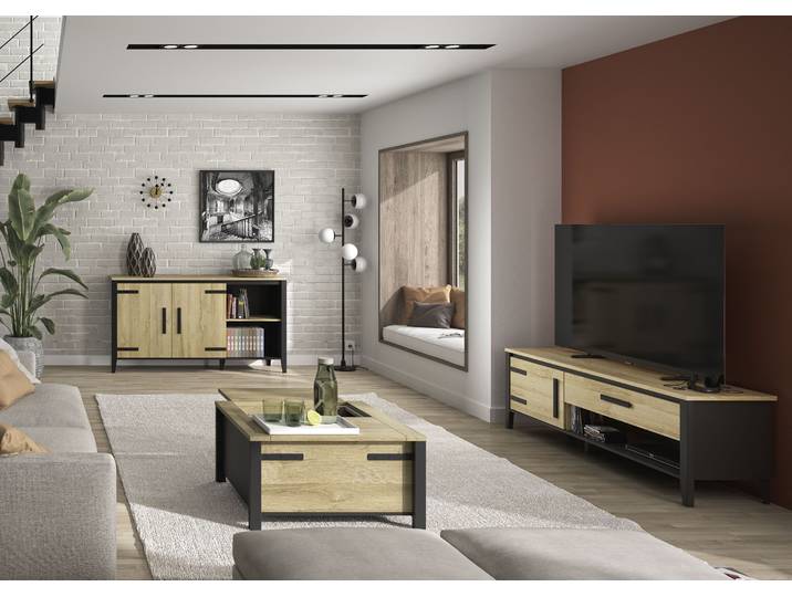 Couchtisch, Spanplatte, Goldeneiche & Schwarz, 80×80 cm, Mit Stauraum & Getränkehalter, Modern, GAMI